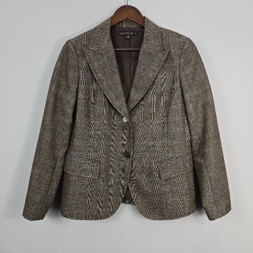 Lafayette 148 New York Blazer‎ Jacket Women's Size 10 Brown Plaid Virgin Wool
